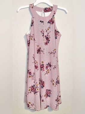 Three Hearts Pink Striped Floral Halter Dress